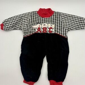 Vintage Tiny Tots Coverall Boys 6-9M Black Gingham ABC Animal Applique One Piece
